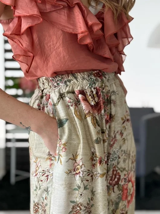 Pantalone floreale beige