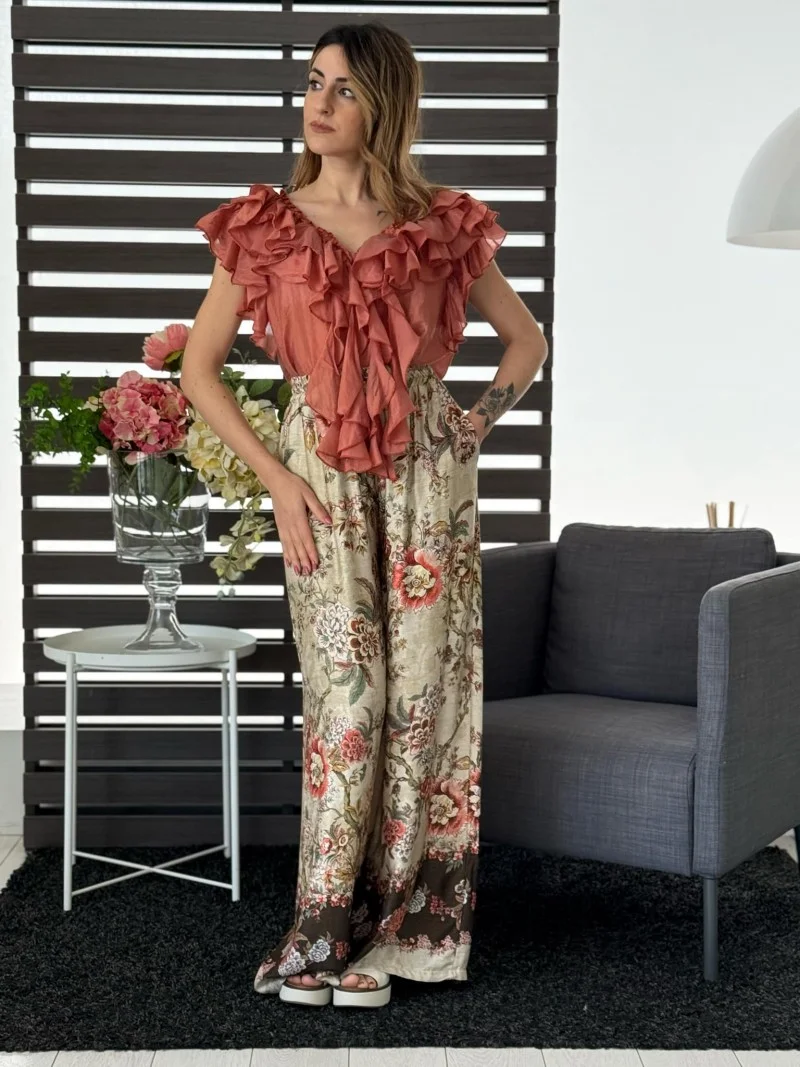 Pantalone floreale beige